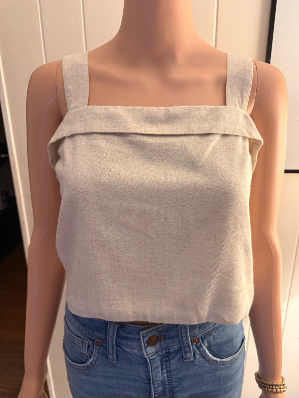 American Eagle Outfitters Neutral Cream Square-Neck Linen Tank